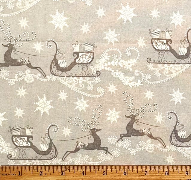 1 Yard - Santa Sled & Reindeer & Snowflakes Christmas Holiday on Light Gray Cotton Fabric (Great for Quilting, Sewing, Craft Projects, Throw Pillows & More) 1 Yard X 44" Wide