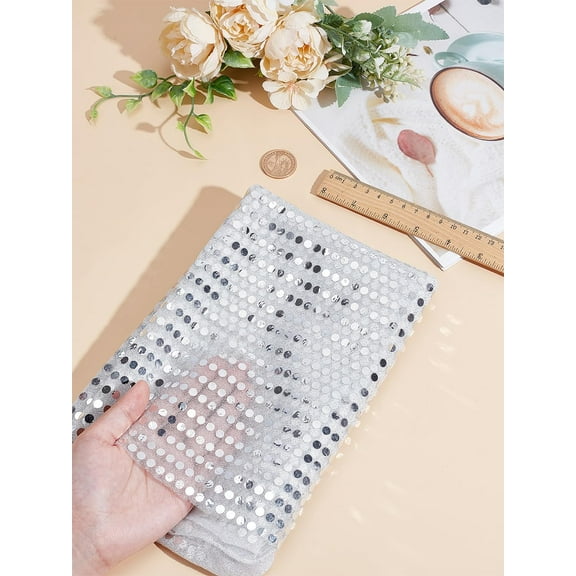 1 Yard Sequins On Metallic Mesh Fabric Sparkly Glitter Fabric Little Fabric for DIY Sewing Wedding Backdrop Curtain Tablecloth Sequin Backdrop Decoration 1140x0.1mm Silver