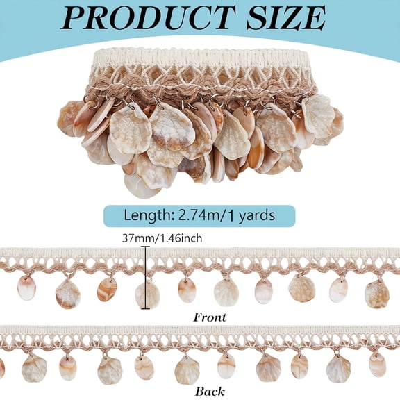 1 Yard Shell Fringe Lace Ribbon with Seashell Tassels, Bohemian Woven Lace Trim Ruffled Edges, 1.45" Wide for DIY Crafts Clothing Curtains Dresses, Boho Chic Dress Embellishment