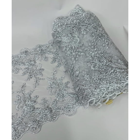 1 Yard (Silver), 20" Wide Long Sequins Embroidered Lace Table Runner on Mesh Fabric for Party decoration, Trim Lace, Floral Lace Table Runner Mesh Roll