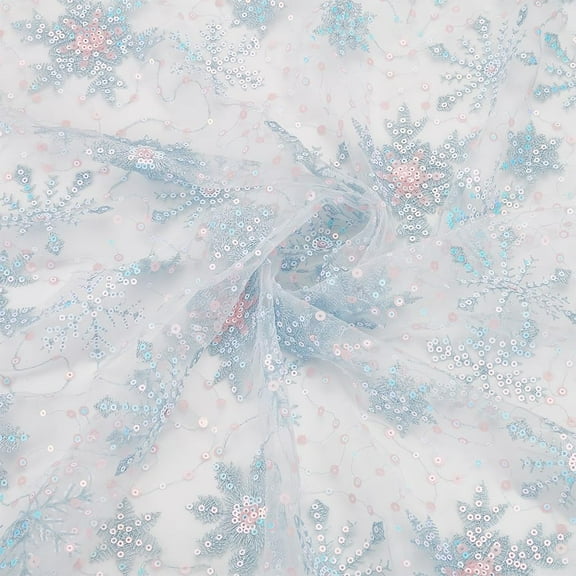 1 Yard Snowflake Sequins Tulle 61inch Light Blue Sheer Organza Fabric Snowflake Embroidered Mesh Lace for DIY
