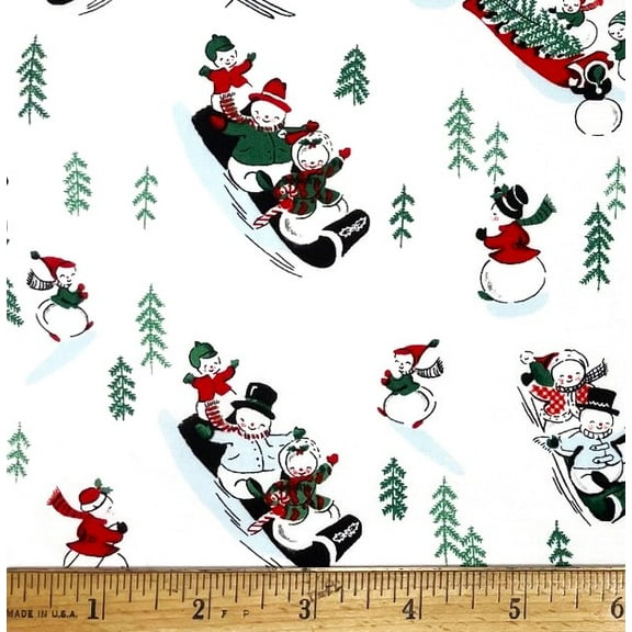 1 Yard - Snowman Family Sledding on White Snow Cotton Fabric (Great for Quilting, Sewing, Craft Projects, Throw Pillows & More) 1 Yard X 44" Wide
