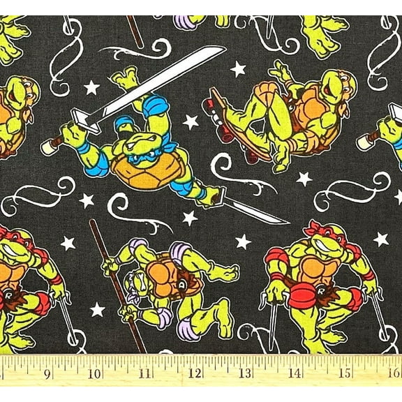 1 Yard - Teenage Mutant Ninja Turtles on Dark Green Cotton Fabric - Leonardo Michelangelo Raphael & Donatello (Great for Quilting, Sewing, Craft Projects, Throw Pillows & More) 1 Yard X 44" Wide
