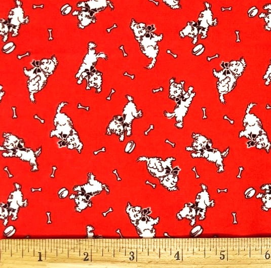 1 Yard -  Tiny White Dog & Bones on Red Flannel Cotton Fabric (Great for Sewing, Craft Projects, Throw Pillows & More) 1 Yard X 44" Wide