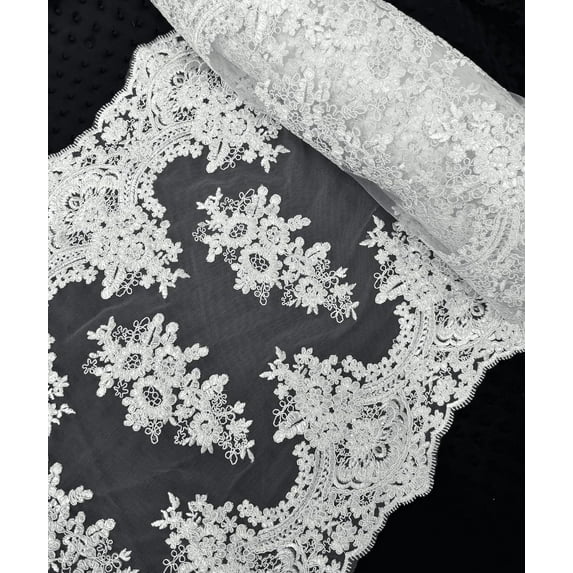 1 Yard (White) 20" Wide Long Sequins Embroidered Lace Table Runner for Wedding Bridal Party table decoration, Trim Lace, Floral Table Runner Mesh Roll