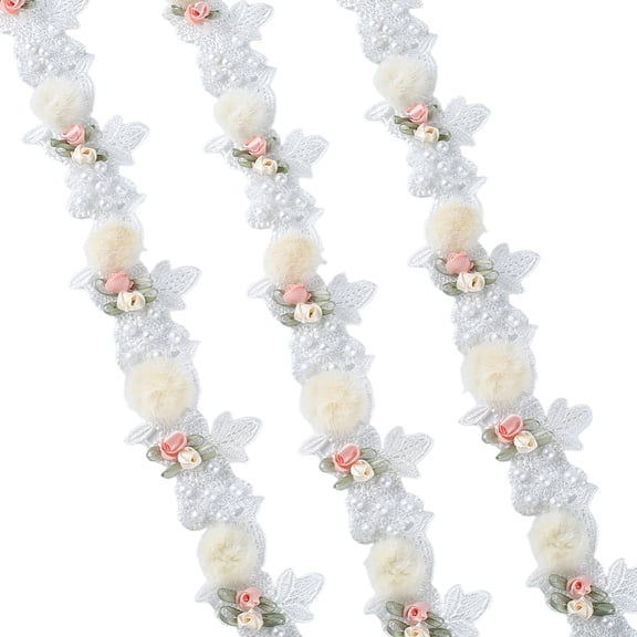 1 Yard White Lace Ribbons Rose Flower Trim Ribbon Pearl Beads Embroidered Silk Trim Flowers Ribbon Vintage Embroidery Trims DIY