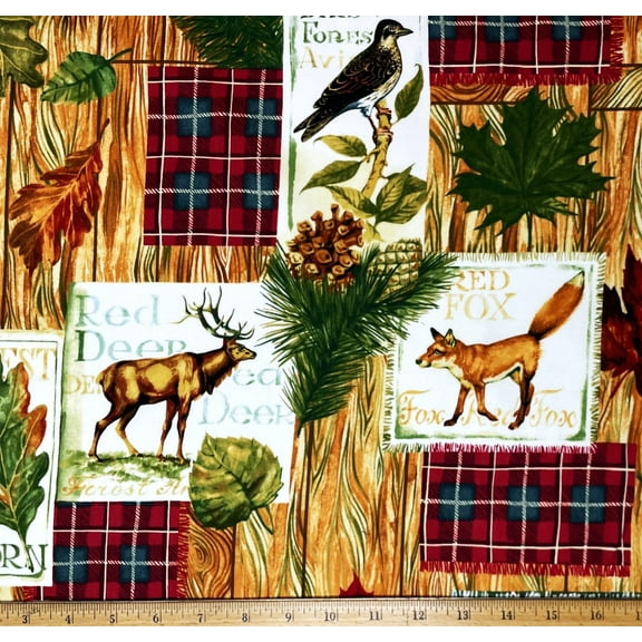 1 Yard - Wild Animals Fall Cabin Elk Owl Fox Bird Cotton Fabric (Great for Quilting, Sewing, Craft Projects, Throw Pillows & More) 1 Yard X 44" Wide