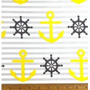 1 Yard - Yellow Anchors & Brown Ship Wheels Nautical Stripe Screen Print Cotton Fabric Great for Quilting, Sewing, Craft Projects, Throw Pillows & More 1 Yard X 44" Wide