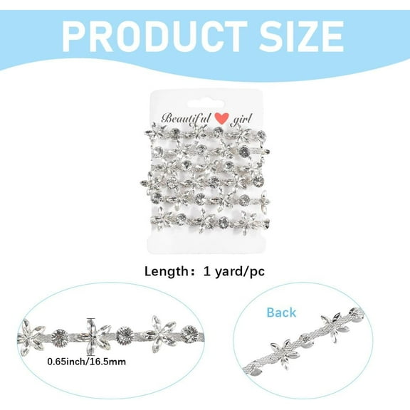 1 Yards Rhinestone Chain Ribbon Alloy Clear Flower Applique Sewing Embellishments Floral Chain String Trim for DIY Crafts Dress Clothing Jewelry Decoration Accessories