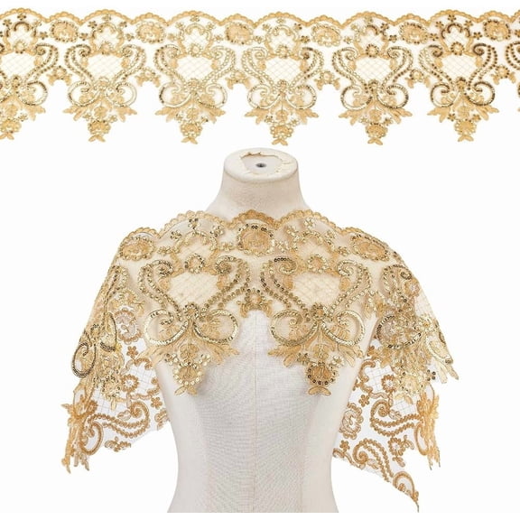 1 Yards Sequin Flower Embroidery Lace Ribbon 9.45 Inch Vintage Floral Sequins Lace Mesh Trim Glitter Lace Edge Embroidered Tulle Gold DIY Making