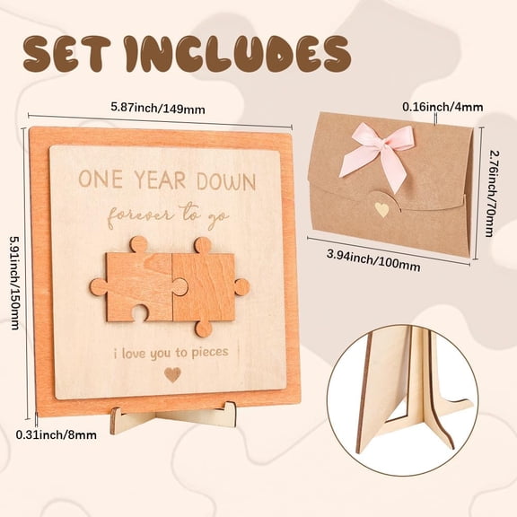 1 Year Anniversary Plaque Wood Anniversary Card Wooden Puzzle Piece Romantic Personalized Custom Envelope Base Ornament Sign Sets for Men Women Couple Wedding Gifts Home Desktop Decoration