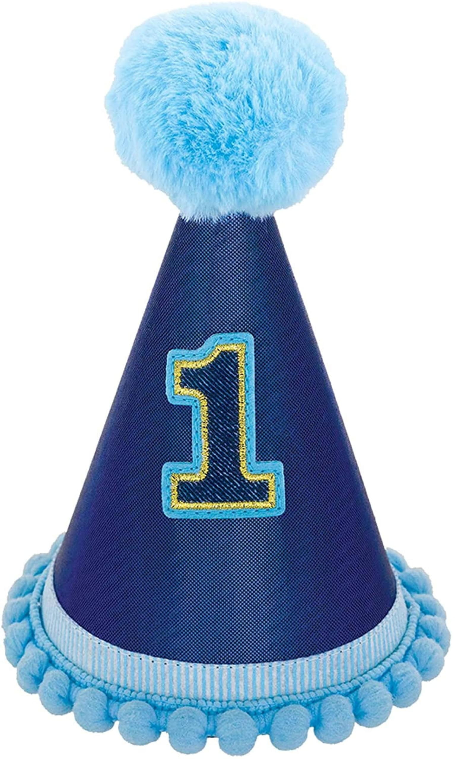 Blue and Gold First Birthday Cone Party Hat with Pom-Pom