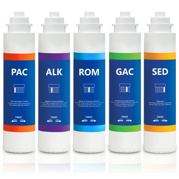1 Year Elite RO Alkaline Reverse Osmosis System Replacement Filter Set ? 5 Easy Change Quick Twist filters with Alkaline Filter for added Essential Minerals ? 100 GPD RO Membrane