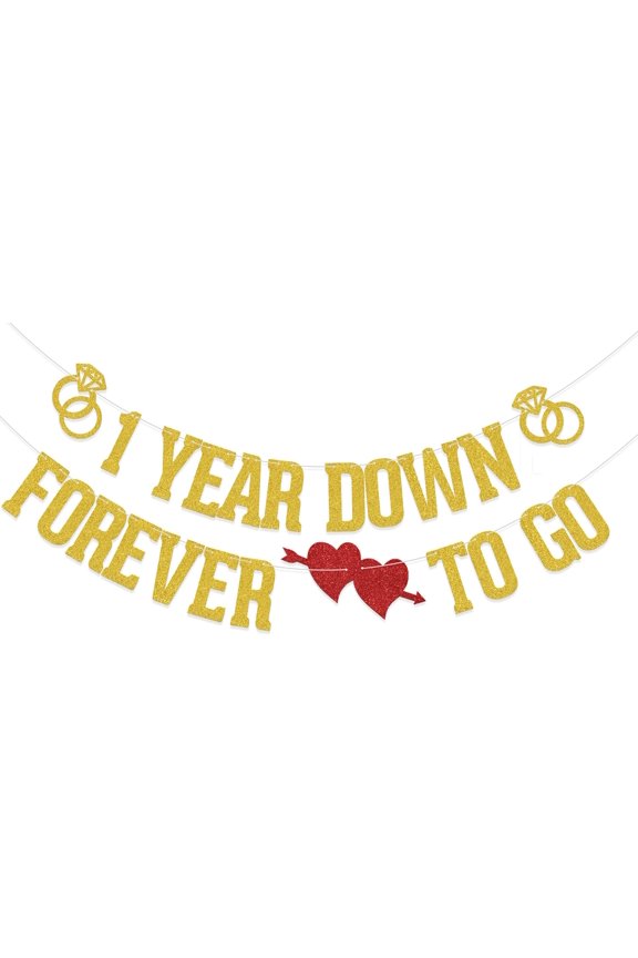 1 Year Down Forever To Go Gold Glitter Banner with Rings & Red Hearts, 1st Wedding Anniversary Party Decor, First Marriage Anniversary Hanging Backdrop Sign