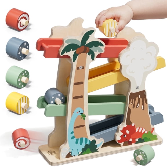 Car Ramp Toy, Toys for 1 Year Old, Wooden Car Ramp Toy with 4 Rollers, Dinosaur Wooden Toy for Toddler 1-3 Year Old, Montessori Learning Toys for Kids Birthday Gifts