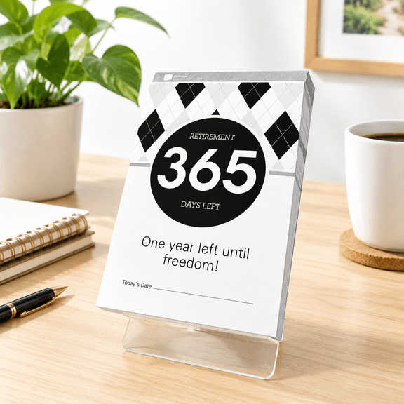 1-Year Retirement Countdown Desk Calendar, White and Black, Compact Desktop Countdown Planner