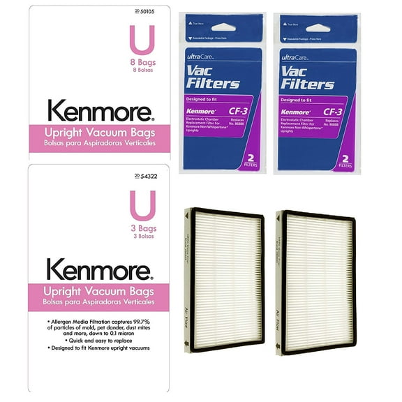 1 Year Supply Kit For Kenmore Bagged Upright Vacuums, (11) Type U Bags, (2) CF-3 Chamber Filters, (2) EF-1 HEPA Filters
