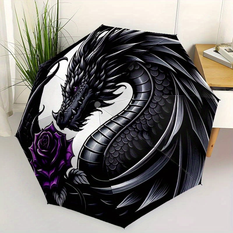 1 automatic opening and closing dragon patterned umbrella -8-bone structure, sturdy and durable, portable travel umbrella (black/purple accents)