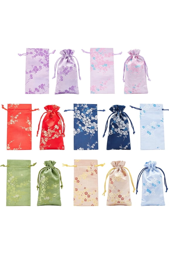 1 bag 14 pcs 7 colors Silk Double Drawstring Bags Satin Gift Bags Flower Embroidered Bags Sachet Wallet Jewelry Bags for Jewelry Packaging Wedding Party Favors