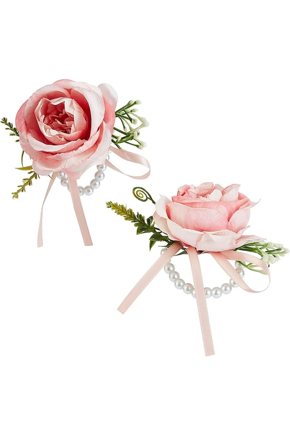 1 bag 2pcs Silk Wrist with Plastic Imitation Flower and Imitation Pearl Stretch Bracelets for Wedding Party Decorations Pink 170x140mm 2pcs/bag