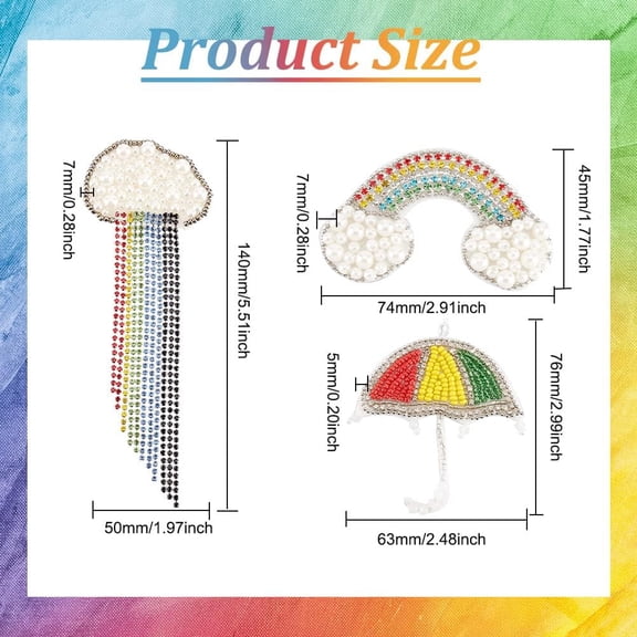 1 bag 3pcs 3 style Rainbow Beaded Patches 1.8~5.5 inch Colorful Umbrella Clouds Shape Sewing Applique Patches Pearl Beaded Appliques Non Woven Fabric Patches for Clothes bag Hat Shoes