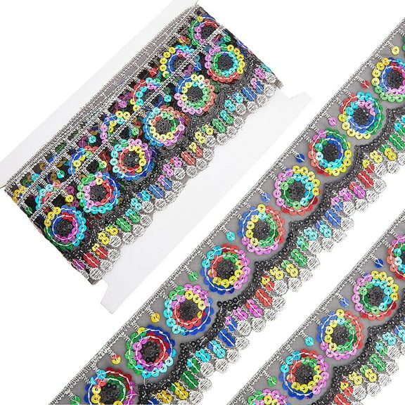 1 bag 4~4.5M Ethnic style Polyester Lace Trim with Colorful Paillette Sparkle Embroidery Lace Ribbon Sun Pattern with 1pc Thread Bobbins White Cards Black 2-3/8 inch(60mm)