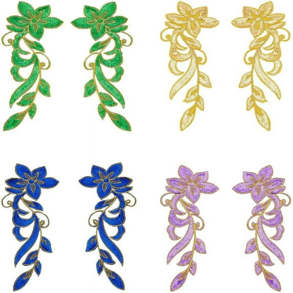 1 bag 4 Pairs 4 colors Computerized Embroidery Polyester Sew on Patches PVC Sequin Appliques Costume Accessories Flower Mixed color 275x127x1mm 1 pair/color