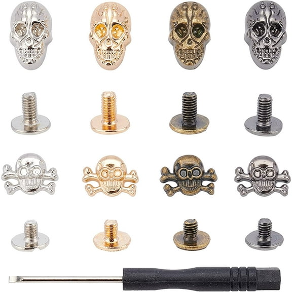 1 bag Alloy Studs Rivets Screw Back Skull Head Iron Screwdriver with Plastic Handle Lead Free & Cadmium Free Mixed color 13x17x3mm 8sets Alloy