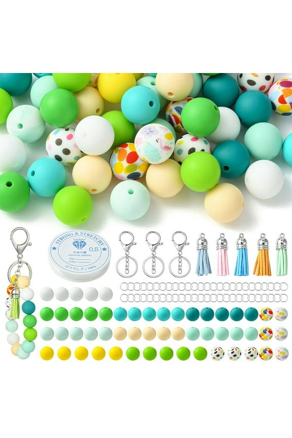1 bag DIY Beaded Phone Charms Straps Keychain Making Kit Including Silicone Round Beads Iron Split Key Rings Faux Suede Tassel Pendant Decoration Green 117pcs/bag