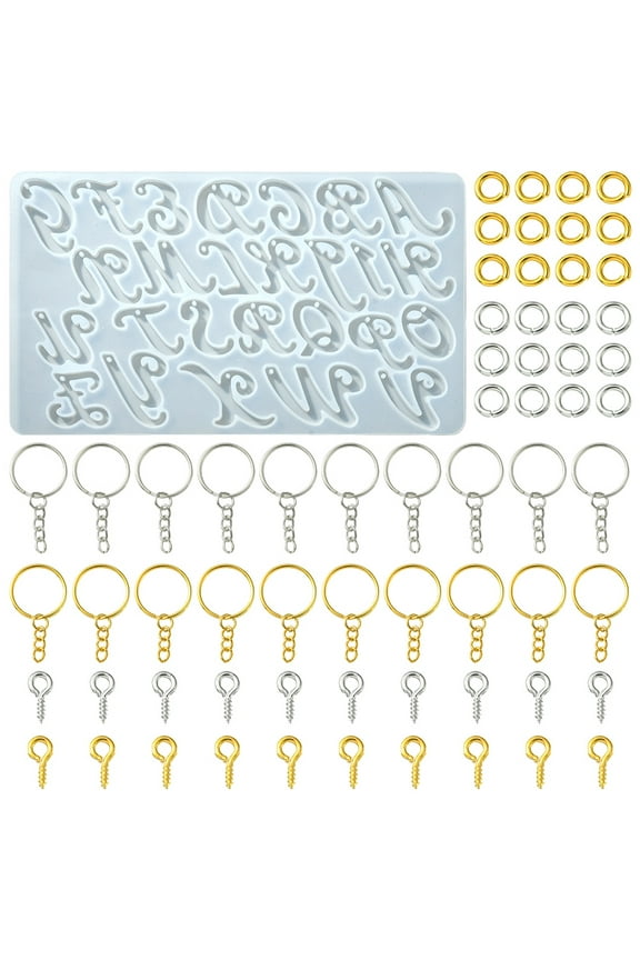 1 bag DIY Keychain Making Kits Inlcluding Alphabet Pendant Silicone Molds Iron Split Key Rings & Screw Eye Pin Peg Bails Brass Open Jump Ring Platinum & Golden 155x90x6mm