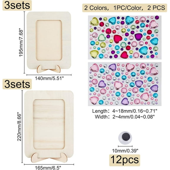 1 bag DIY Photo Frames Kits Blank Rectangle Wooden Photo Frames with Transparent Acrylic Rhinestone Stickers Picture Frame Craft Kit for Home School and Office Decoration