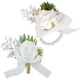 thumbnail image 1 of 1 bag Rose Flower Wrist Corsage White Silk Cloth Imitation Rose with Satin Ribbon Wrist Corsage Boutonniere Set for Rustic Vintage Wedding Decor Party Decoration Groom Bride Prom, 1 of 6