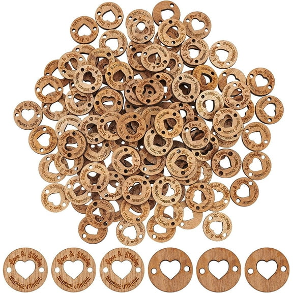 1 bag Undyed Wood Connectors Charms Laser Cut Falt Round with Word Handmade and Heart Sienna 20x3.5mm Hole: 2.4mm 200pcs/bag