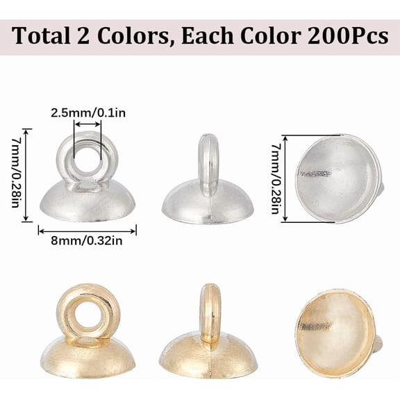 1 box 1 Box 400PCS 8mm Plastic Bail Bead Caps with Loop Gold Silver End Cup Pearl Beads Peg Bails Round Pendant Cap Charm Connector Bulk for Jewelry Making Accessories DIY Beads Craft Supplies