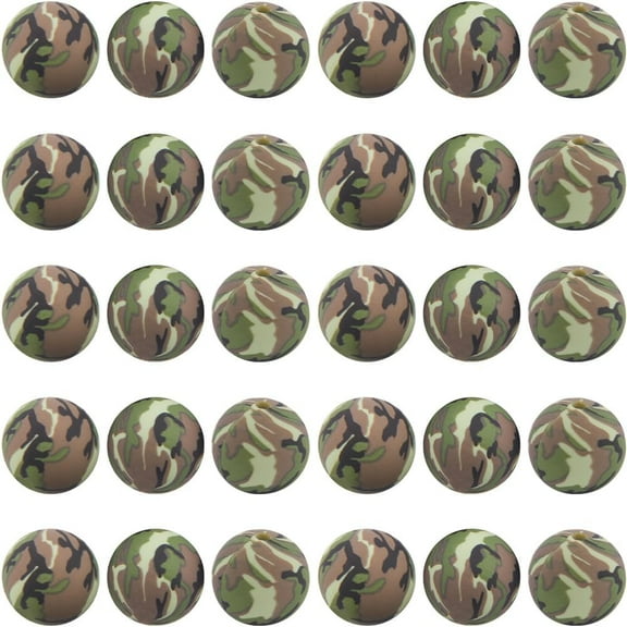 1 box 1 box 30pcs Camouflage Printed Bead 15mm Green Printed Silicone Round Beads Bulk Soft Rubber Flower Pattern Focal Loose Spacer Lanyard Beads