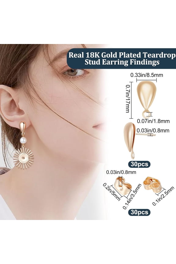 1 box 1 box 30pcs Teardrop Earring Findings 18K golden Plated Brass Earring Studs Posts Kit with Loops and Butterfly Earring Backs for Women Dangle Earring Jewellery Making