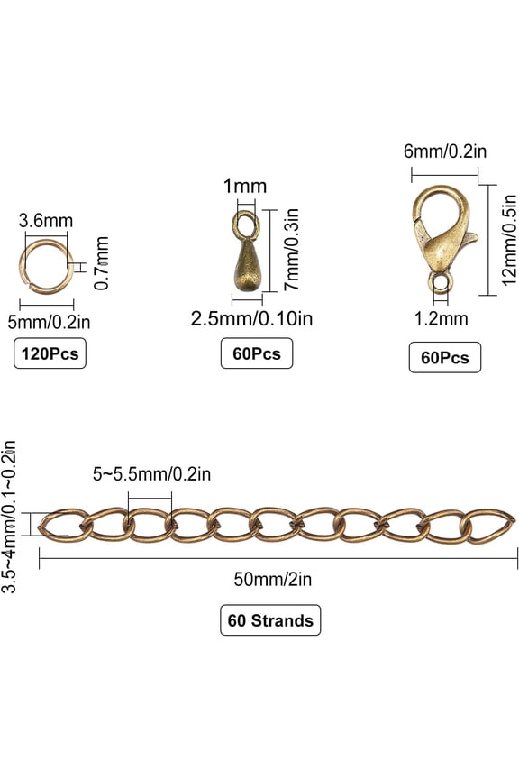 1 box 1 box 360pcs Extender Chain set Antique Bronze Iron Extension Chains Tails Teardrop Charms Lobster Claw Clasps Jump Ring for Jewelry Making Bracelets Necklaces DIY Accessory