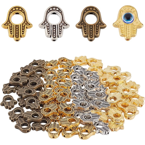 1 box 1 box 80pcs 4 colors Hamsa Hand Bead Alloy Hand of Fatima Miriam Frame Hollow Beads Loose Spacer Charms Chakra Tibetan style for Jewelry Making Bracelets Necklaces Crafts Supplies
