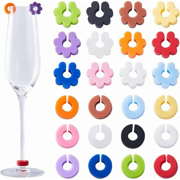 1 box 1 set Silicone Wine Glass Charms sets Drink Markers Flower Round Mixed color 17.5~20x18~21x7mm Inner Diameter: 8mm 24pcs/set