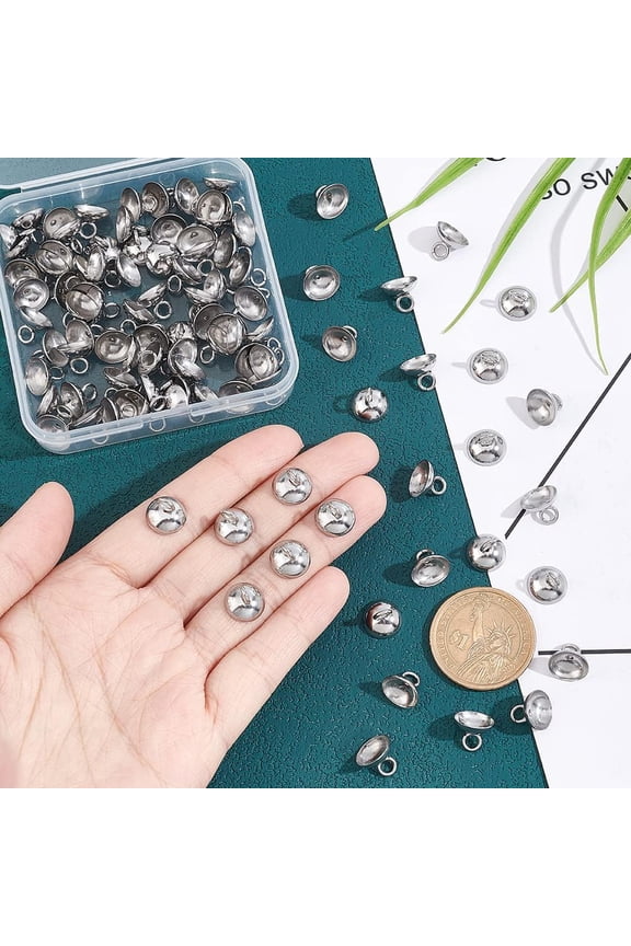 1 box 100Pcs 201 Stainless Steel Bead Cap Pendant Bails Ball Pendant End Cap Metal Dangle Charm Bead Pendant Connector Findings Bails for Globe Glass Cover Pendant Making Hole 3mm