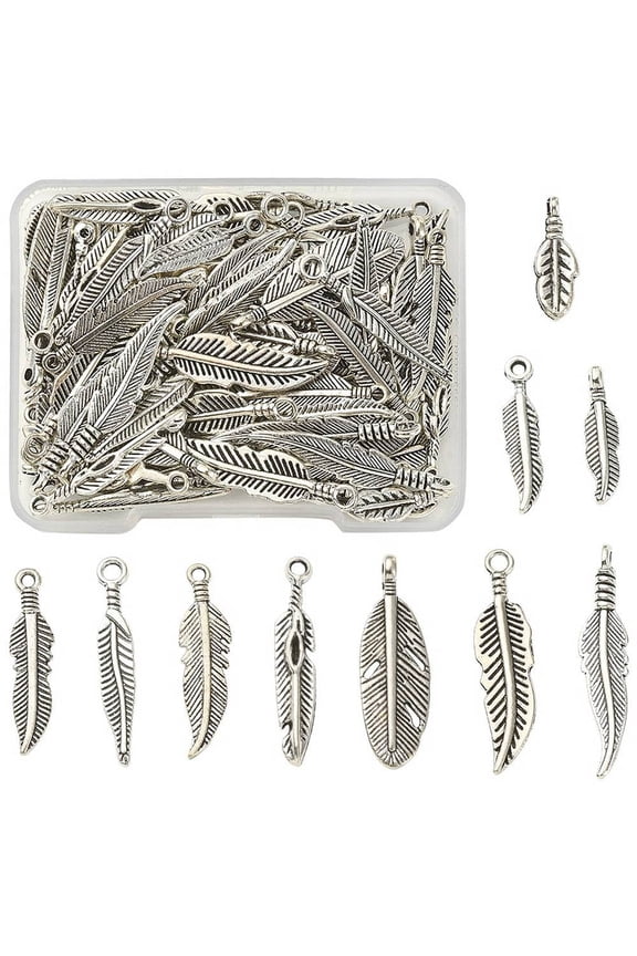 1 box 100pcs 10 style Tibetan style Alloy Pendants Feather Antique Silver 17~31.5x4~9x1~3mm Hole: 1.5~2mm 10pcs/style Alloy