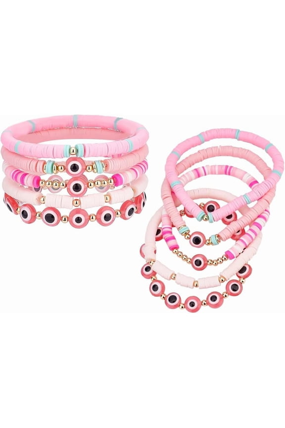 1 box 10PCS Heishi Bracelets for Women 5 Style Stackable Bracelets Evil Eye Beaded Bracelet Valentine Clay Beaded Stretch Bracelets Boho Surfer Bracelets for Disc Party Gifts Beach Jewelry