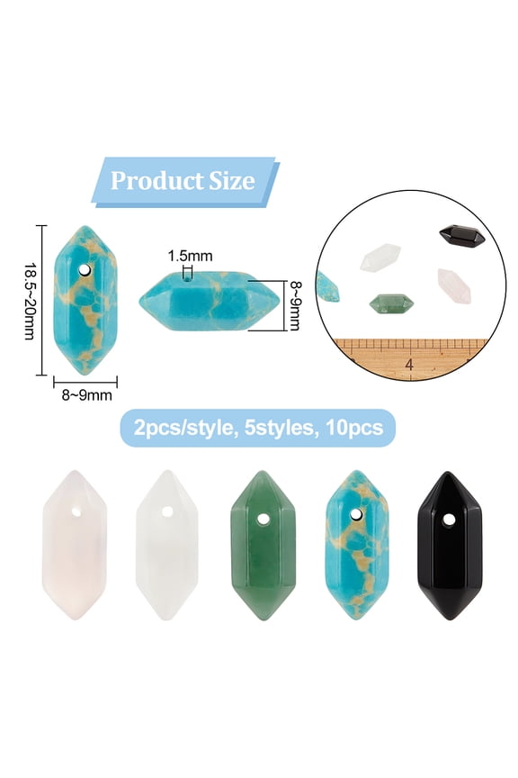 1 box 10pcs 5 style Gemstone Double Terminal Pointed Pendants Faceted Bullet Charm 18.5~20x8~9x8~9mm Hole: 1.5mm 2pcs/style