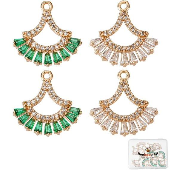 1 box 12Pcs 2 Colors Brass Micro Pave Clear Green Cubic Zirconia Pendants Fan Light Gold 17.5x18x2.5mm Hole: 1.2mm 6pcs/color