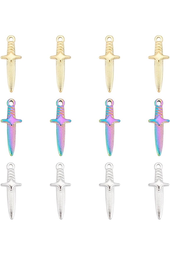 1 box 12pcs 3 colors Sword Pendants 24.5mm Stainless Steel Dagger Charms Hypoallergenic Punk Earring Sword Charms Metal Bracelets Charm for DIY Jewelry Making