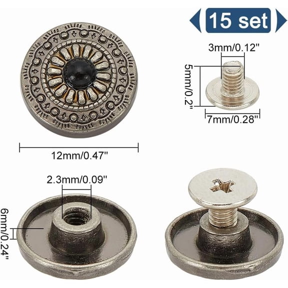 1 box 15Pcs Screw Back Buttons 12mm Black Daisy Decorative Buckle Round Conchos Vintage Western Style Replacement Buckle for Purse Bag DIY Leather Craft Fabrics Accessories