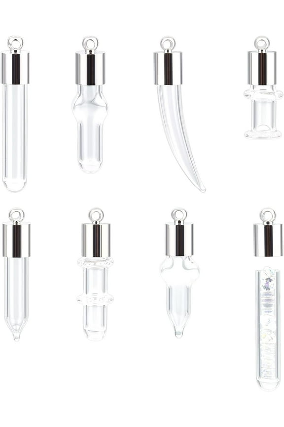 1 box 16 Pcs Glass Bottle Pendants 8 Styles Clear Glass Wish Bottle Vial Pendant Small Wish Spell Jar Charms Mini Drifting Bottles Hanging Tube Brass Screw Cap for Necklace Jewelry Making