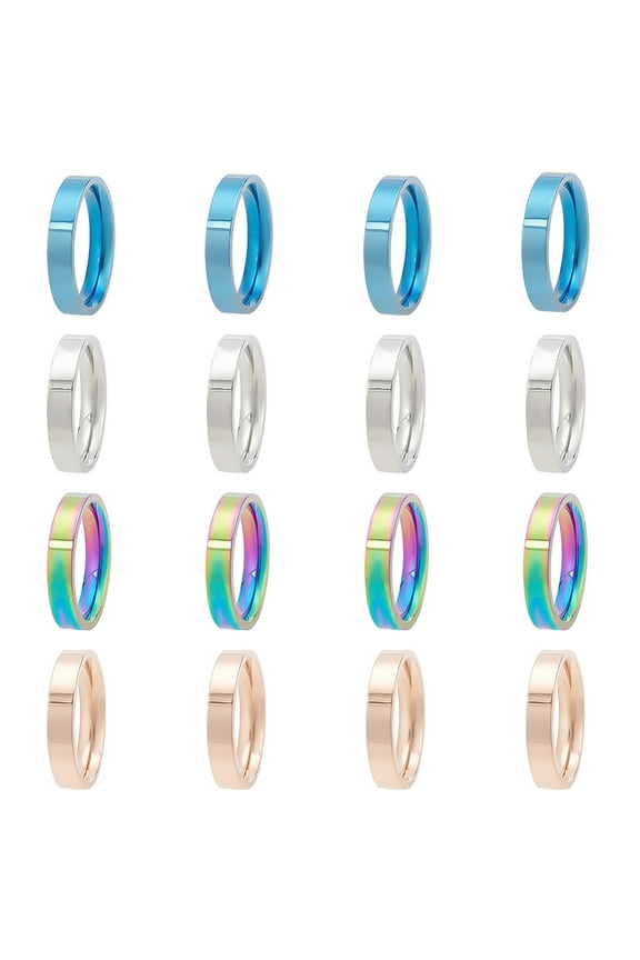 1 box 16pcs 0.6inch Stainless Steel Rings Simple Stacking Rings in 4 Colours Plain Rings 4mm Wide High Polish Plain Dome Rings in Mixed Colours for Everyday Parties