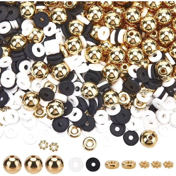 1 box 1762pcs Clay Bracelet Making Kits Black Clay Beads White Heishi Beads Handmade Polymer Clay Spacer Beads golden Loose Beads for Jewelry Making Kits Women Adults DIY Craft Supplies