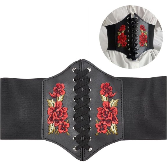 1 box 1pc PU Leather Wide Elastic Corset Belts Lace up Tied Waist Belt for Women Girl Red 25-1/4 inch(64cm)
